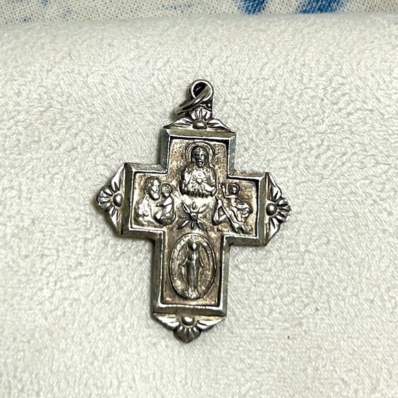Source Unknown Jewelry - Sterling Silver 4 Panel Catholic Cross Pendant with Patina Vintage Religious